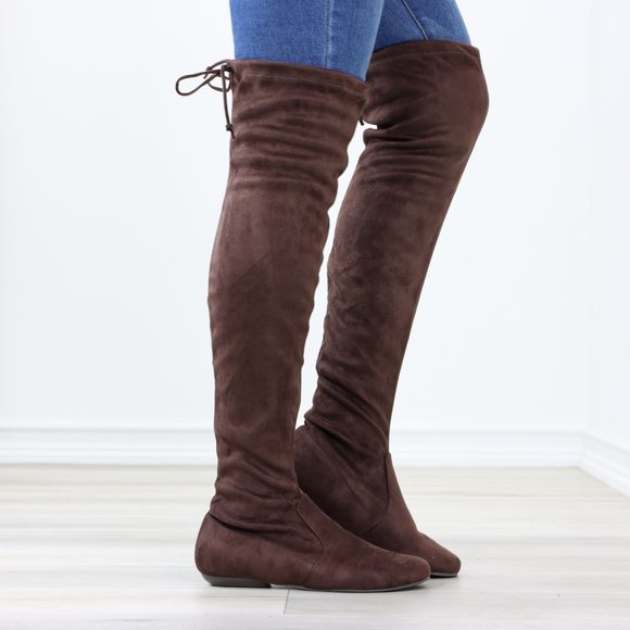 Brown Thigh High Over The Knee Flat Boots Faux Suede - Picture 4 of 13